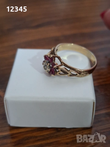 Старинен златен пръстен с диамант и рубини, снимка 6 - Пръстени - 54075674