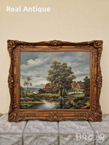 Страхотна антикварна авторска холандска картина масло върху платно , снимка 2 - Картини - 50475793