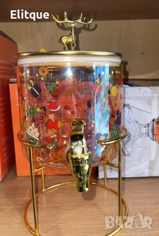 Стъклен диспенсър за напитки 2.6 L с коледен дизайн и златиста стойка, снимка 4 - Други - 52853481