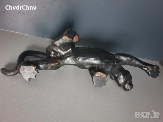 чугунена статуетка 40см-5кг/стара метална желязна фигура на дебнеща мъжка пума-пантера, снимка 8 - Антикварни и старинни предмети - 51092232