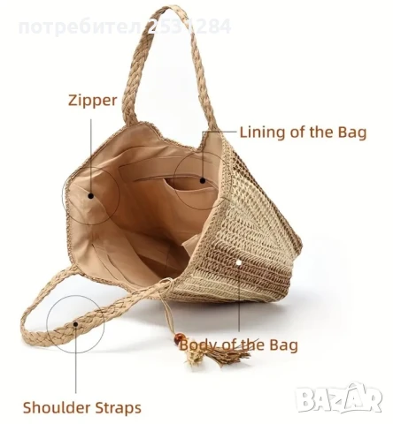 Нова дамска лятна плетена чанта с пискюл, снимка 2 - Чанти - 50573526