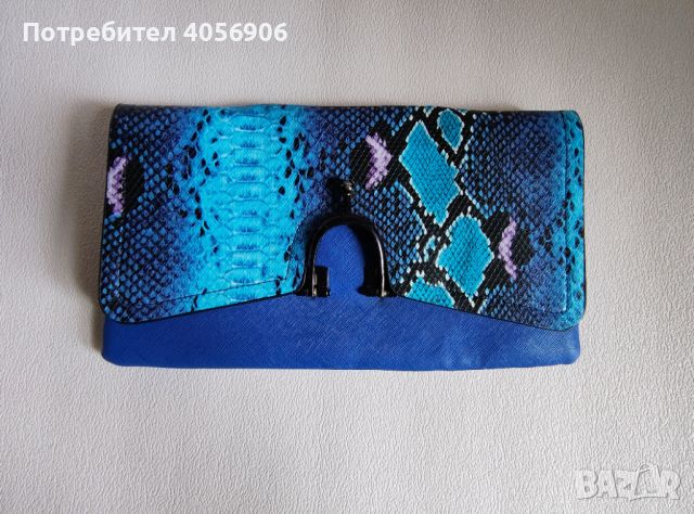 Дамска чанта тип клъч, змийски принт, турско синьо, снимка 1 - Чанти - 46387250