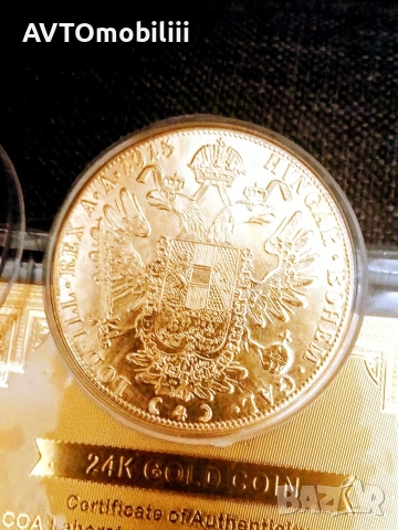 Позлатена с 24 карата злато голяма монета 4 Дуката 1915 г със сертификат , снимка 4 - Нумизматика и бонистика - 53796504