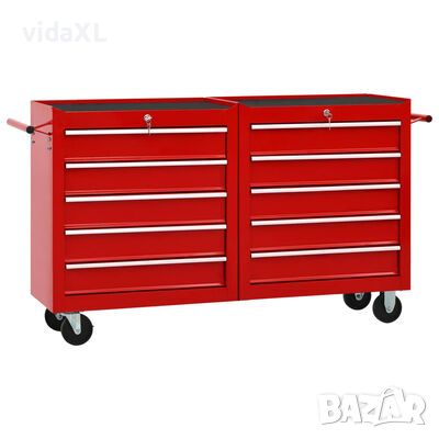 vidaXL Количка за инструменти с 10 чекмеджета, стомана, червена（SKU:3056731