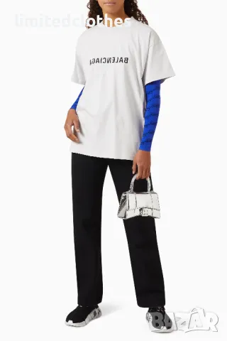 BALENCIAGA Ecru Destroyed Reversed Mirror Logo Print Oversized Мъжка / Дамска Тениска size S (M), снимка 4 - Тениски - 46827515