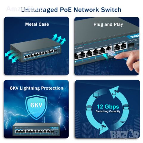 YuanLey 8-портов Gigabit PoE Switch преключвател с 2 Gigabit Uplink 8 PoE+ порта 1000Mbps 1 SFP порт, снимка 11 - Суичове - 45186309
