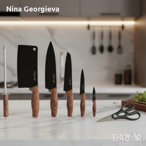 Комплект ножове Cheffinger – 8 части със стойка, точило и ножица за подредена и удобна кухня, снимка 3 - Други - 53849853
