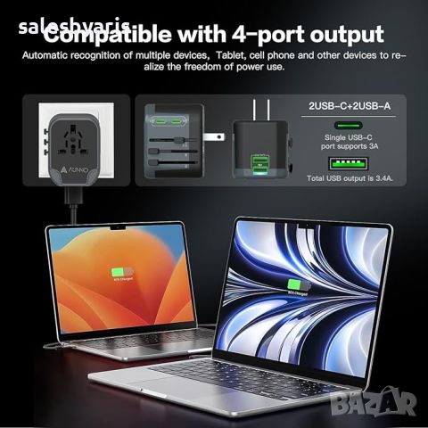 AUNNO Универсален Адаптер за Пътувания - С 2 USB-C и 2 USB Порта, Сигурност, Подходящ за ЕС, САЩ, Ав, снимка 2 - Оригинални зарядни - 45144358