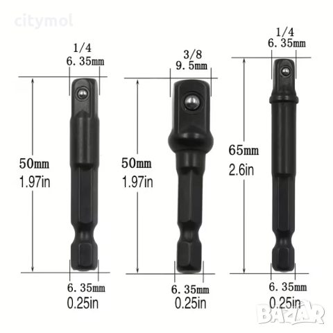 Комплект адаптери за бормашина с шестостенна опашка, 1/2", 3/8", 1/4" - 8 бр., снимка 4 - Бормашини - 51972835