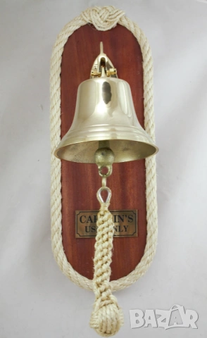 203 Корабна камбана от плътен месинг на махагонова поставка, снимка 2 - Колекции - 54022152