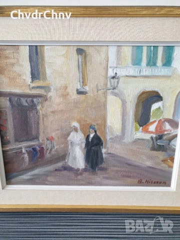 Nilsson 54х46см/шведска стара картина масло върху платно/градски пейзаж/жени-монахини/дървена рамка, снимка 2 - Картини - 51535073