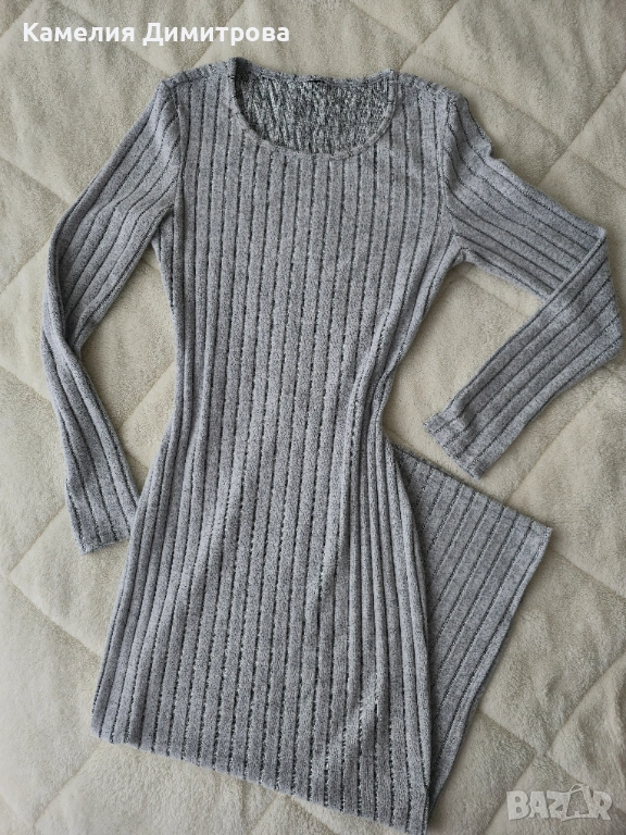 Дълга сива дамска рокля по тялото с дълъг ръкав и цепка, снимка 1