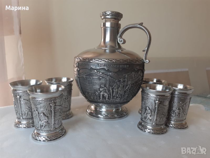 Кана и чаши за ракия от калай Antik*Vintage, снимка 1