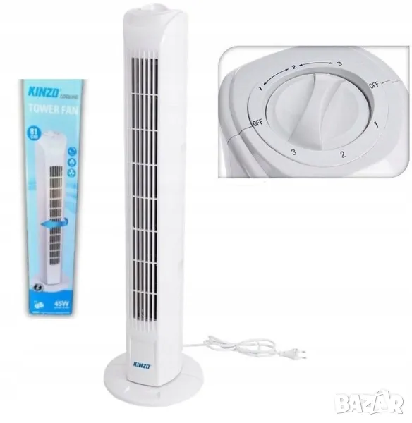 Нов колонен вентилатор Kinzo Tower Fan, бял 45w, 81см, снимка 1