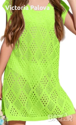 Ефектна памучна плажна рокля- туника цвят лайм  CROCHET , снимка 16 - Рокли - 54260084
