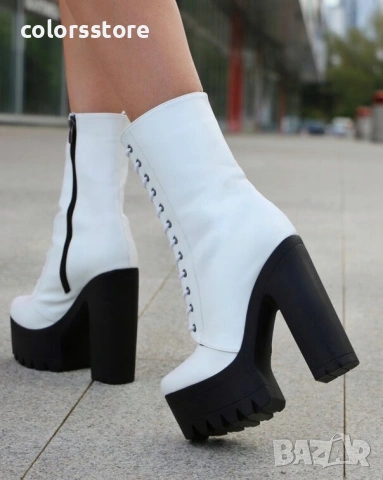 Боти на ток - бяла кожа с черно ходило - 592, снимка 2 - Дамски боти - 47910430