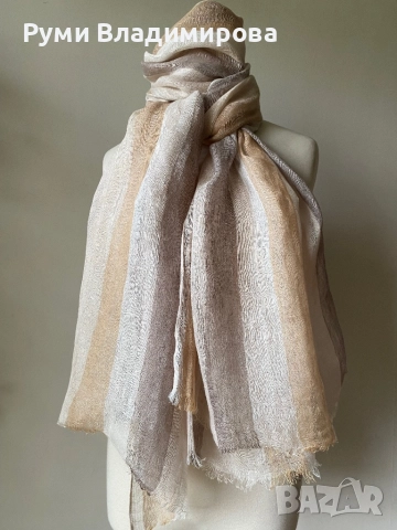 Бежов шал Zara от лен, снимка 6 - Шалове - 52770415