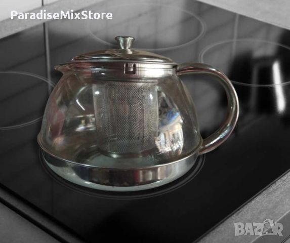 Стъклена кана за чай от неръждаема стомана с цедка за листа Вместимост: 1050 мл.