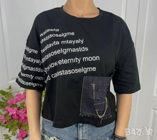  Тениска кроп модел с деним джобче , снимка 3 - Тениски - 50922067