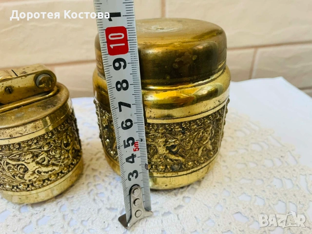 Красив месингов комплект от настолна запалка и табакера от Англия, снимка 9 - Антикварни и старинни предмети - 53742533