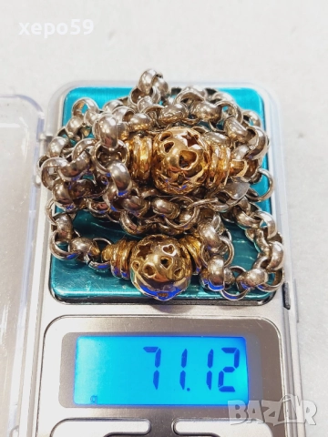 Прекрасна сребърна авторска дамска гривна и колие.Сребро проба 925,златни 9 каратови апликации, снимка 11 - Колиета, медальони, синджири - 52293101