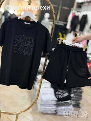 Дамски летни памучни къси комплекти LOEWE,високо каество с бродерия и  камъчета,2 цвята, снимка 2 - Спортни екипи - 50307811