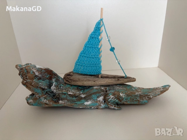 Дървена лодка с плетено платно, снимка 2 - Декорация за дома - 54072490