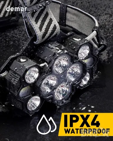 Акумулаторен челен фенер v10000, 22000 лумена, LED супер ярък челник, 10 светодиода, черен, снимка 6 - Къмпинг осветление - 49904894