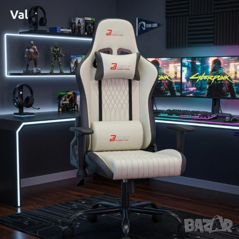 Ергономичен бял геймърски стол с поставка за крака, регулируема височина и 3D подлакътници, снимка 2 - Столове - 54061193