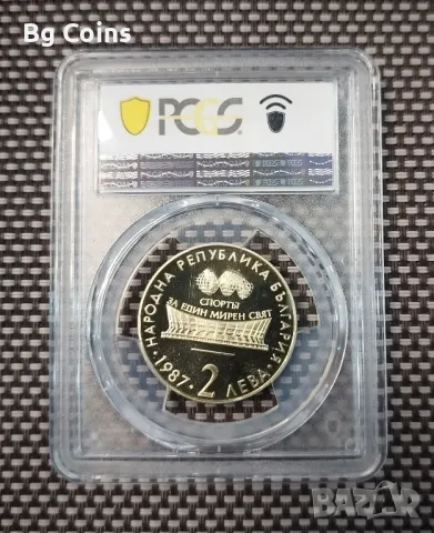 2 лева 1987 Гимнастика PR 67 DCAM PCGS , снимка 2 - Нумизматика и бонистика - 47176635