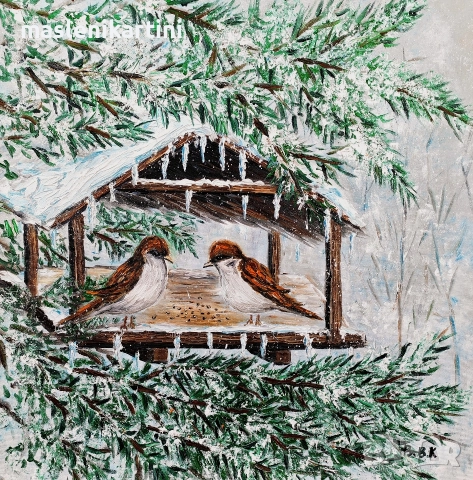 Зимен пейзаж с врабчета маслена картина, снимка 2 - Картини - 52935419