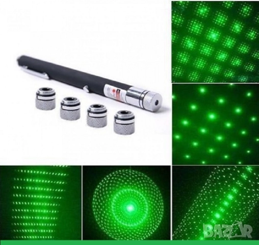 Зелен лазер в кутия с 5 приставки – мощен Green Laser Pointer, снимка 3 - Екипировка - 52245026