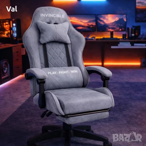 Геймърски стол с регулируема височина, лумбална възглавница и метална основа, снимка 8 - Столове - 53642121