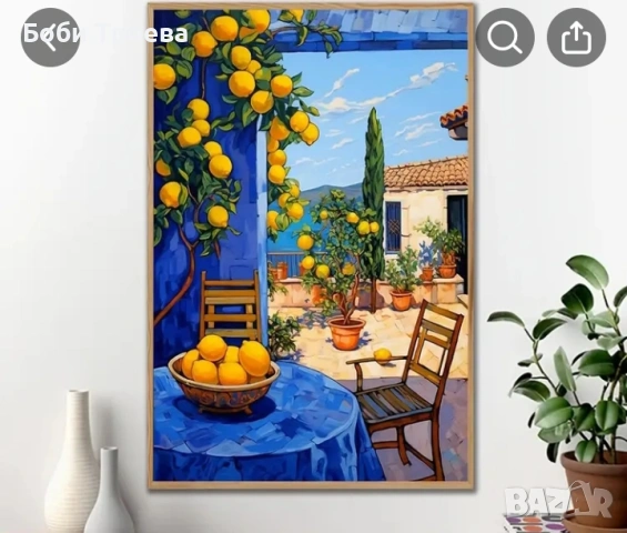Картина за градинска атмосфера - платно с ярки жълти лимони, синьо небе и средиземноморски декор