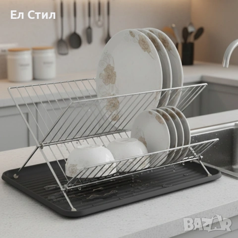Двуетажен сушилник за съдове от неръждаема стомана с тава за отцеждане–здравина и ред в кухнята, снимка 3 - Други стоки за дома - 53573070