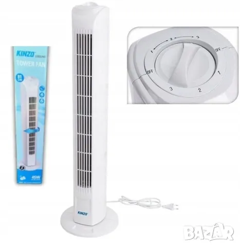 Нов колонен вентилатор Kinzo Tower Fan, бял 45w, 81см, снимка 1 - Вентилатори - 47412033