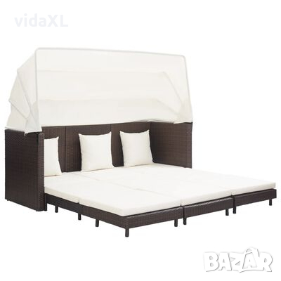 vidaXL Разтегателен 3-местен диван с навес, полиратан, кафяв（SKU:46076