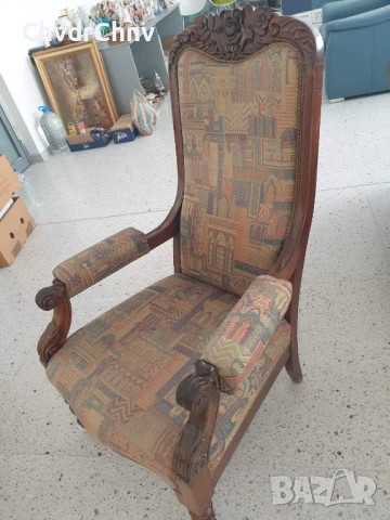 Старо кресло ръчна дърворезба 110см/висок масивен дървен стол с полакътници, снимка 3 - Антикварни и старинни предмети - 46514432