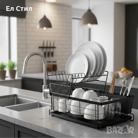 Двуетажен метален сушилник за съдове с отделение за прибори, снимка 2 - Аксесоари за кухня - 53573100
