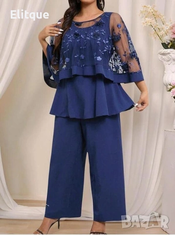 Елегантен ежедневен тоалет от 2 части, голям размер, 3D бродиран мрежест гащеризон + панталони, снимка 3 - Гащеризони - 53578217