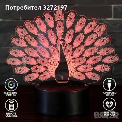 Холограмна 3D LED лампа Паун-дистанционно управление 16 цвята+други режими на управление, снимка 3 - Настолни лампи - 49577890