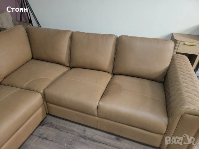 Светло кафяв кожен ъглов диван, снимка 8 - Дивани и мека мебел - 53833466