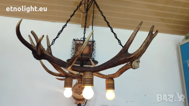 Ръчно изработени полилеи от паднали еленови рога с ръчно изработени дървени чашки , снимка 7 - Полилеи - 53441754