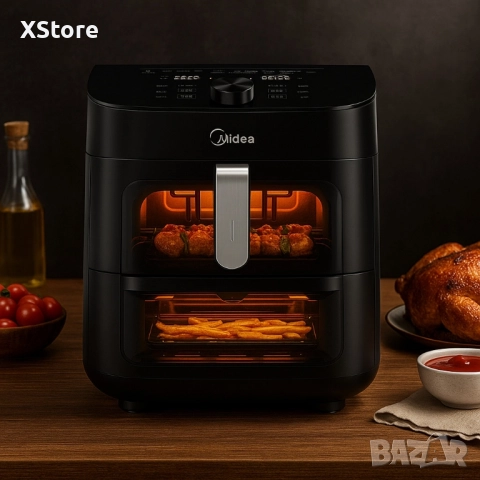 Air Fryer / Фритюрник с горещ въздух Midea MAD1100DADK – 11 литра, 2 отделни зони и 10 програми, снимка 3 - Фритюрници - 52430544