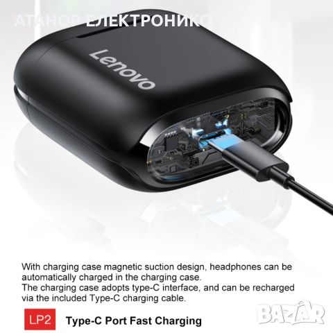  Lenovo - Wireless Earbuds (LP2) - Bluetooth 5.0, Noise Cancelling, Waterfproof - Black, снимка 4 - Безжични слушалки - 46087303