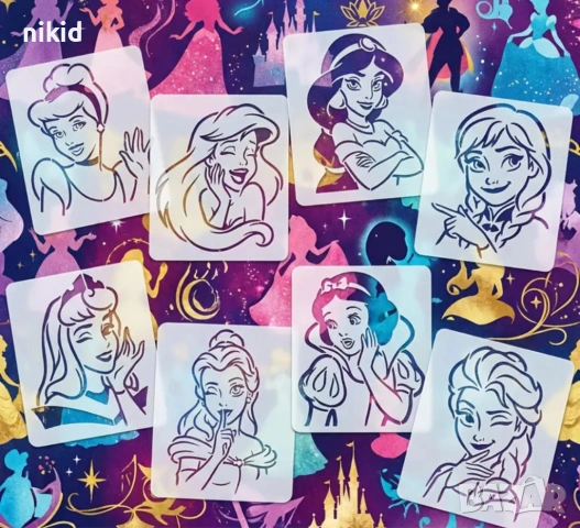 8 принцеси Кралство Белл Снежанка Жасмин стенсил шаблон спрей торта украса сладки Scrapbooking, снимка 5 - Други - 53661822