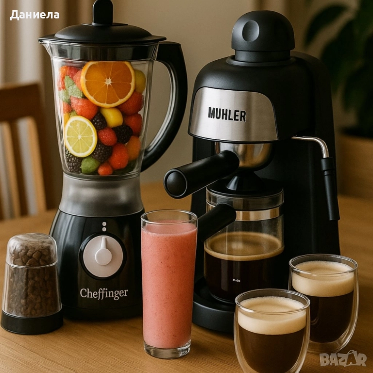 Комплект от еспресо машина MUHLER MCM-33 + 2 стъклени чаши и блендер с мелничка , снимка 1