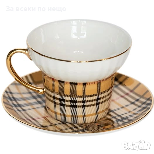 Луксозен комплект чаша с чинийка в класически каре десен Код P1320, снимка 1