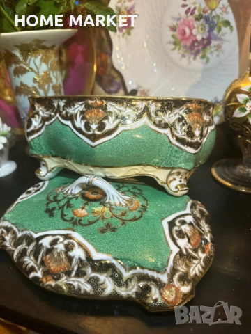 Circa 1908 “ Императорската кутия” невероятно красив и грандиозен съд , в зелено и злато, снимка 11 - Антикварни и старинни предмети - 52703092