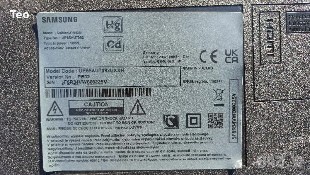 Samsung UE65AU7092U,  MAIN BN9665008E,  POWER 3IN1_Kant_SU2e_TPV_65,  T-CON HV6500QUB_F70_v00 , снимка 7 - Части и Платки - 54247245